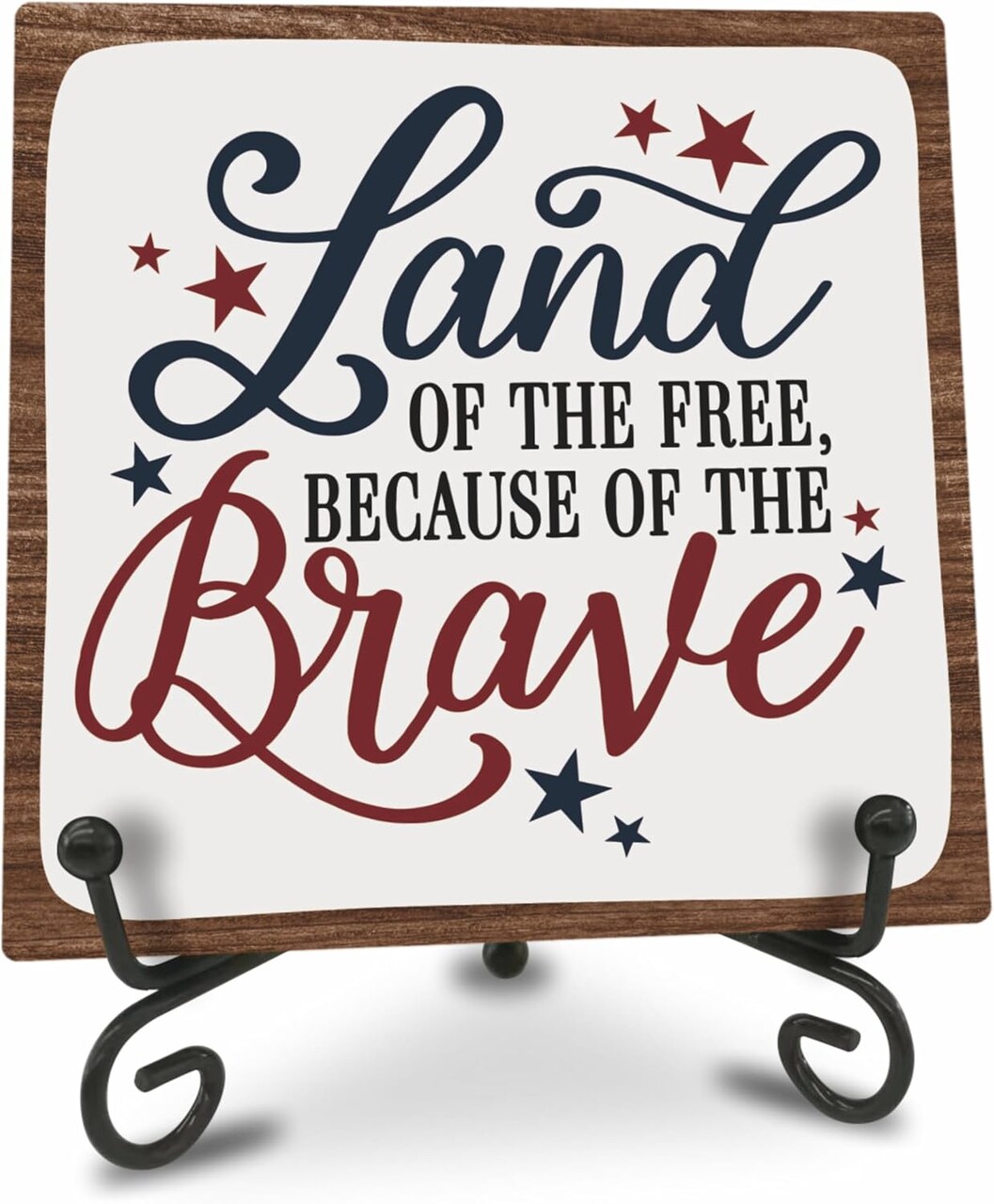 July 4th Wooden Plaque With Iron Stand - Free & Brave - 4"X4" Wood Sign For Memorial Day, America Patriotic Tabletop Signs, Shelf, Desk Decorations, Party Supplies - 07